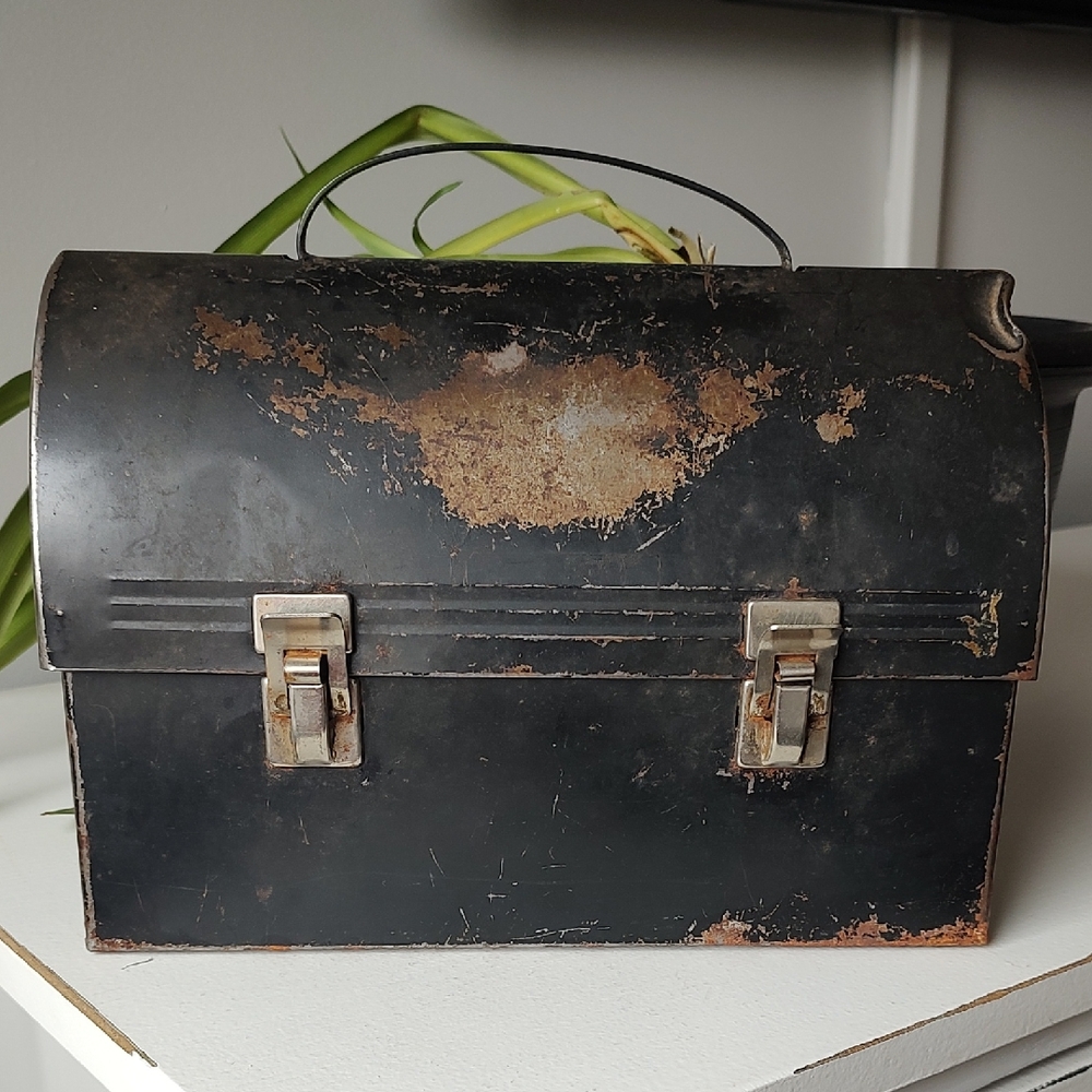 Vintage Made In Canada Black Metal Dome Style Lunch Box